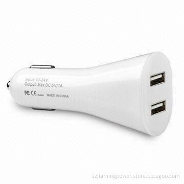 Dual-USB Car Charger, 5V/2A Output Power and 10 to 24V Input Power